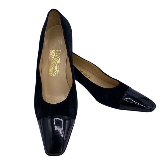 Salvatore Ferragamo Black Suede Patent Cap Square Toe Kitten Heel Pump 8 1/2 B - Picture 1 of 10